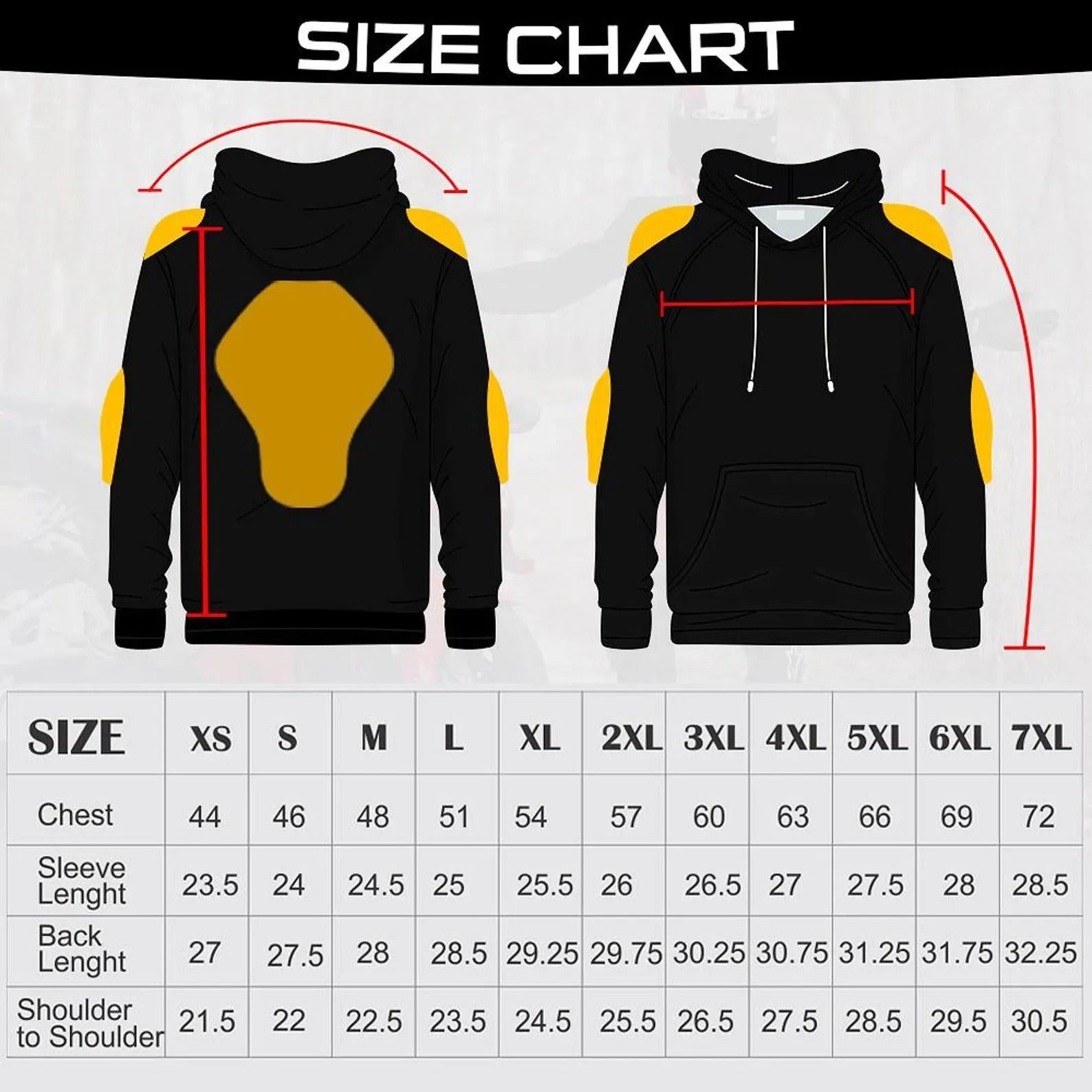 Size chart for a black hoodie with measurements