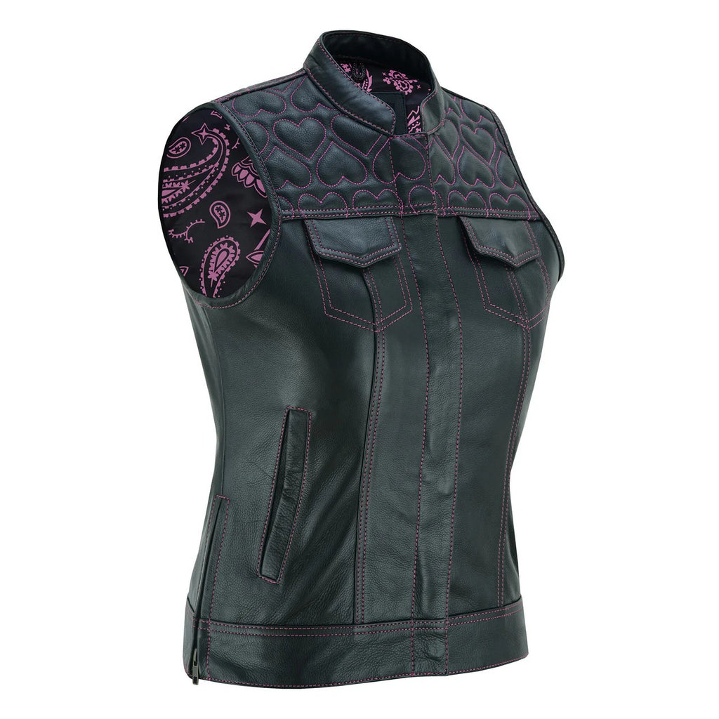 Green leather vest with pink embroidery