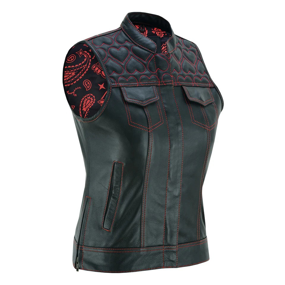 Ladies Black leather vest with red stitching