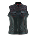 Black leather vest with red stitching