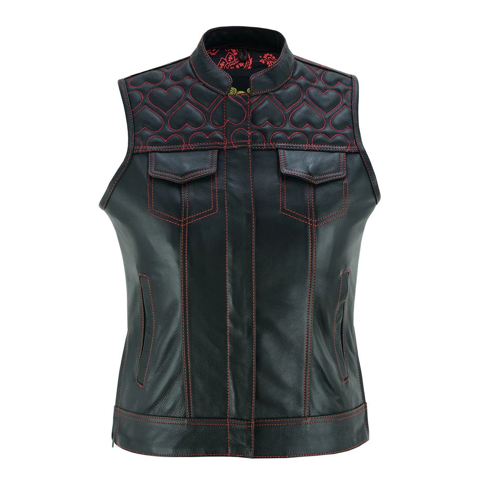 Black leather vest with red stitching