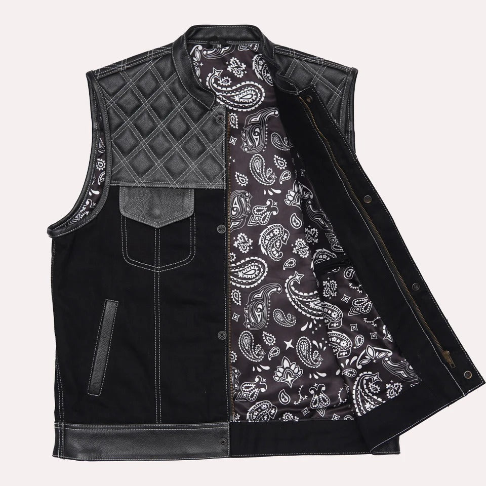 Black vest with quilted pattern on front and paisley pattern