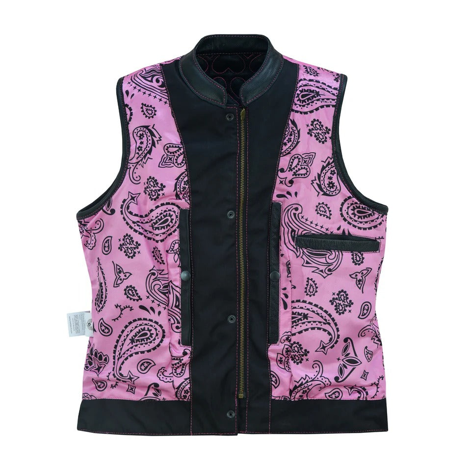 Pink paisley patterned vest with black accents