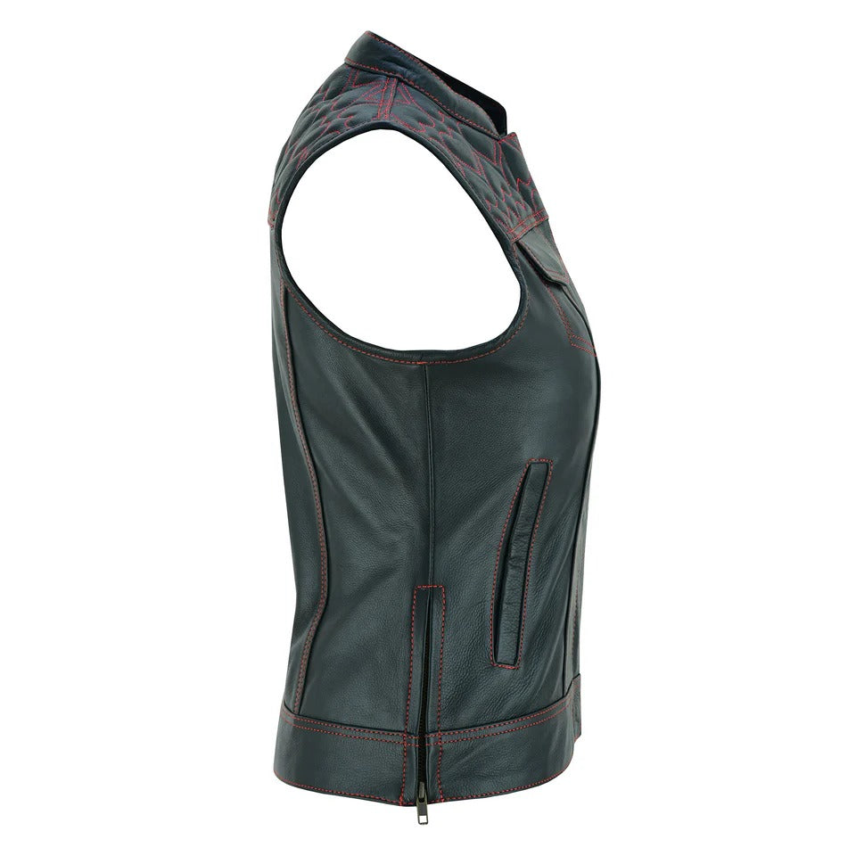 Black leather vest with red stitching