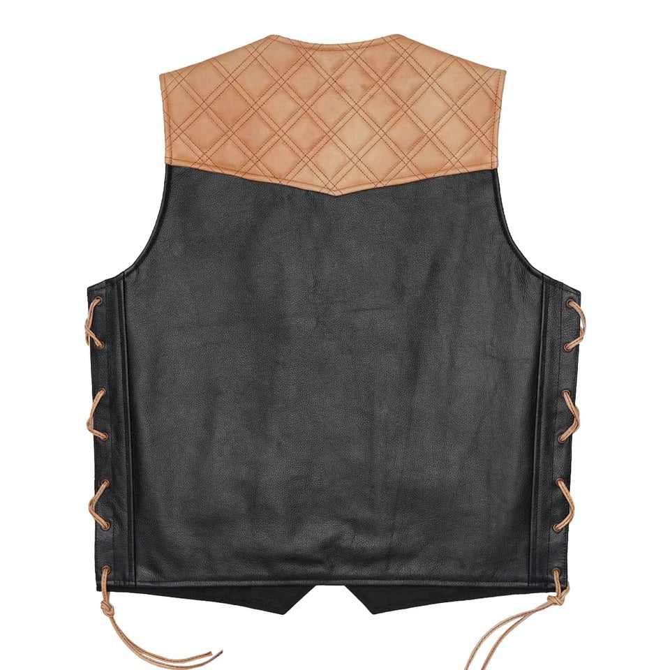 Black leather vest with quilted brown interior
