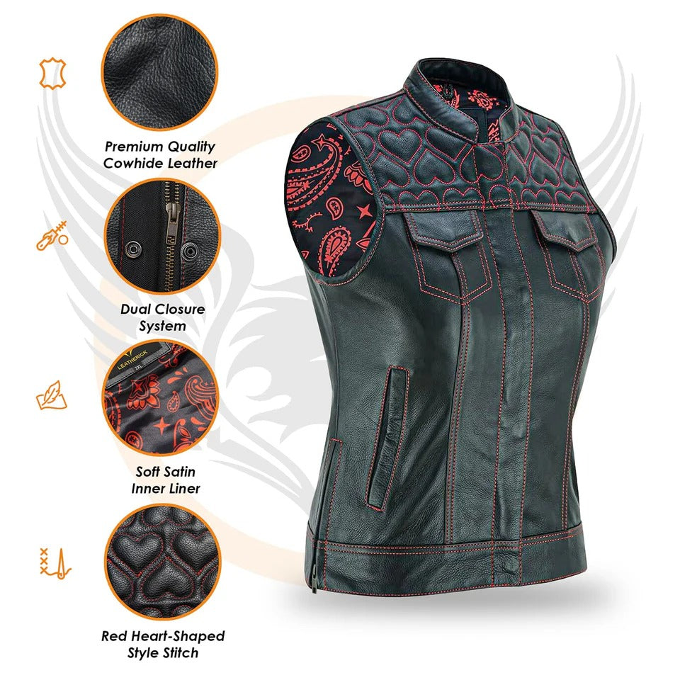 Women Black leather vest with red stitching