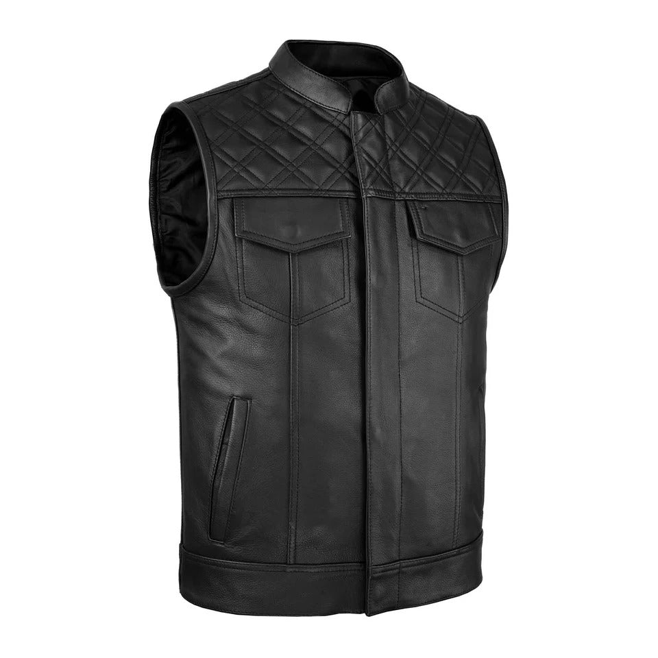 Black leather vest with quilted collar