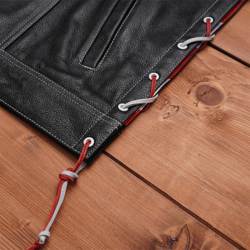 Black leather jacket with red and white strings