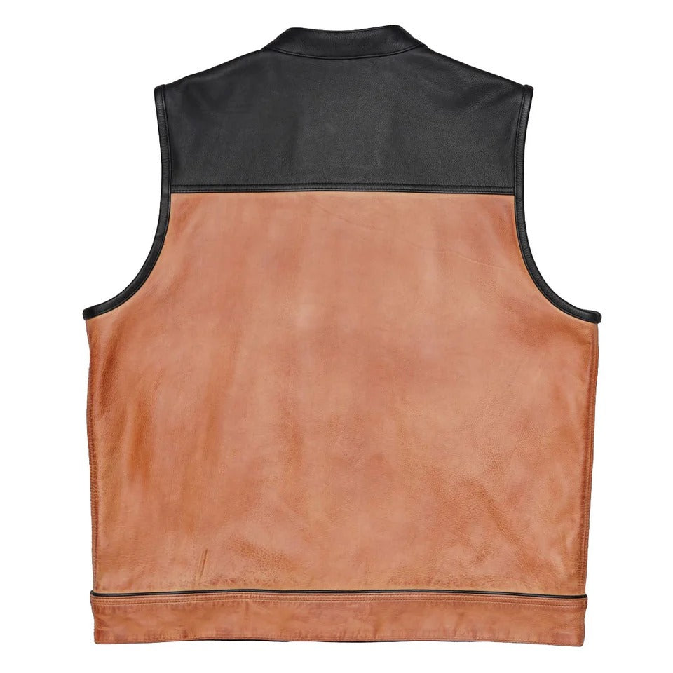 Brown leather vest with black trim
