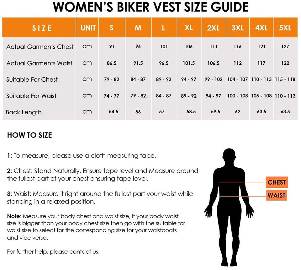 Women's biker vest size guide with measurements and a silhouette illustration.