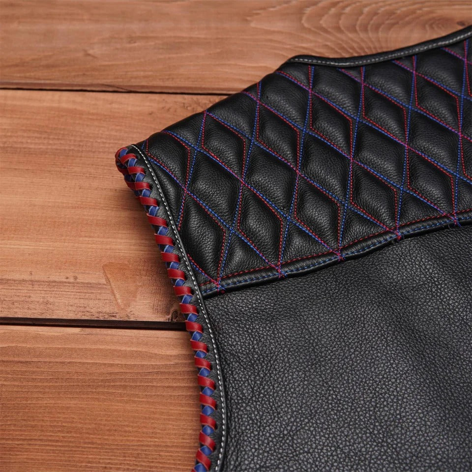 Black leather product with red and blue stitching