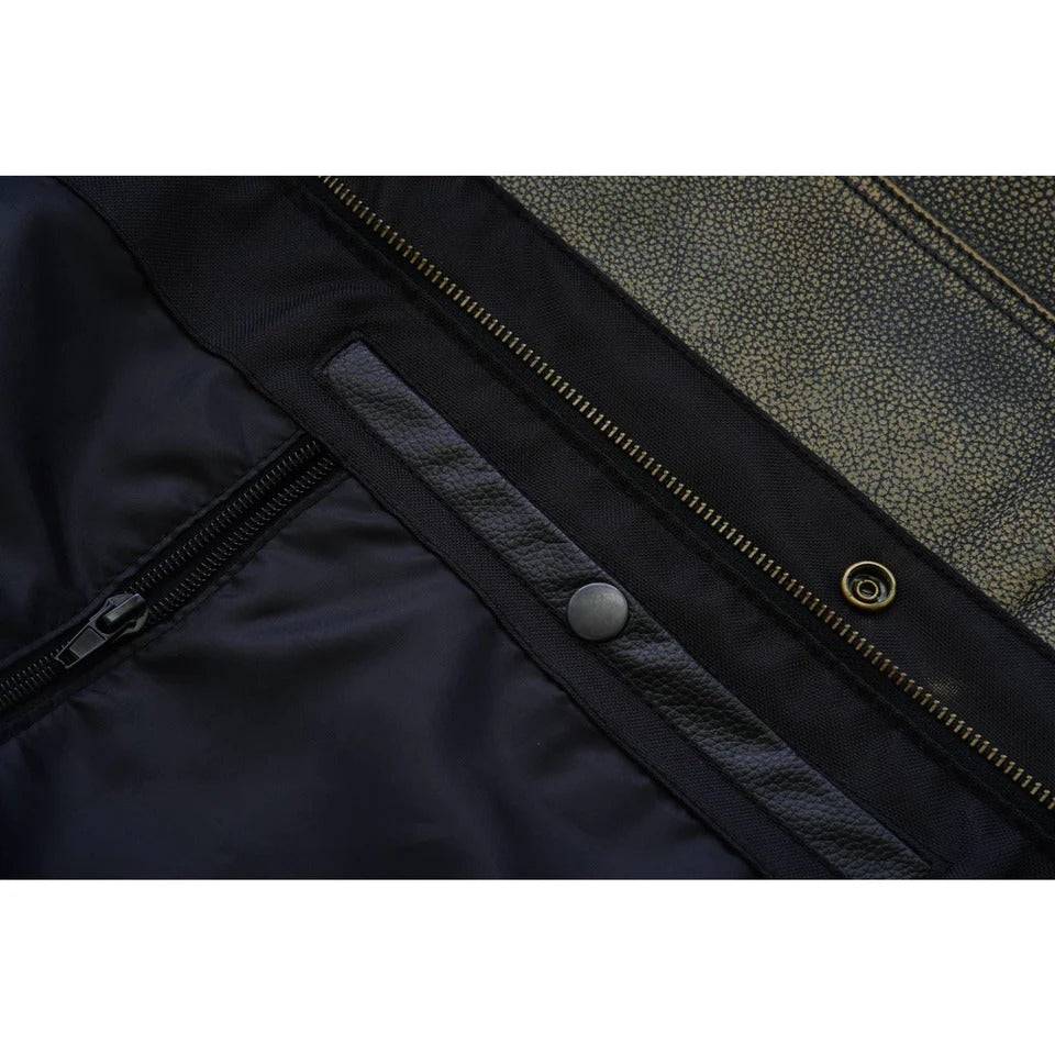 Close-up of a dark jacket with zipper and button details