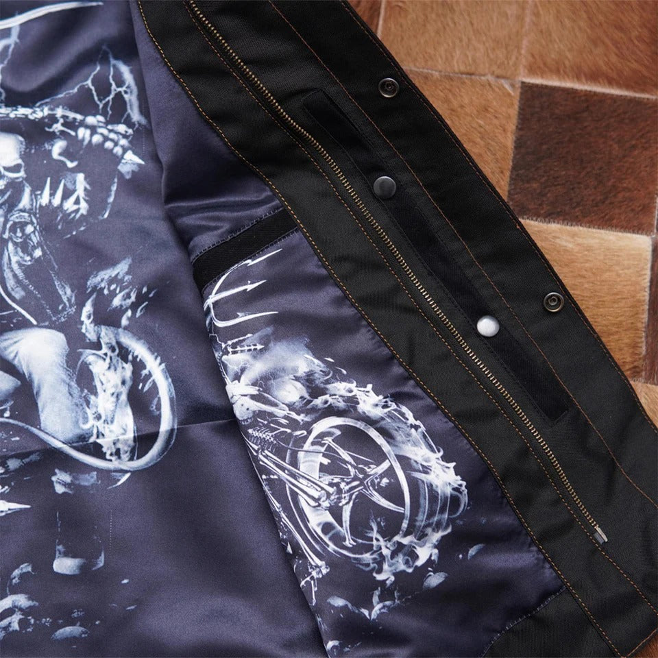 Close-up of a jacket with a black and white design