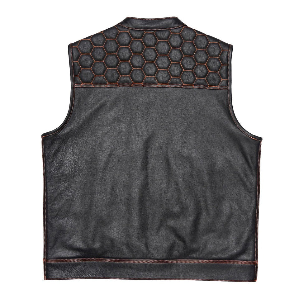 Men’s black leather biker vest back view plain panel design