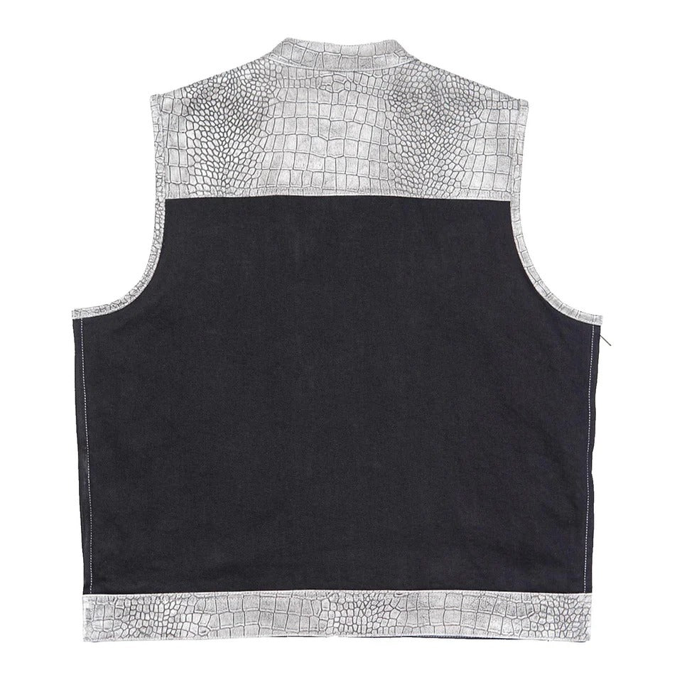 Black vest with silver crocodile pattern trim