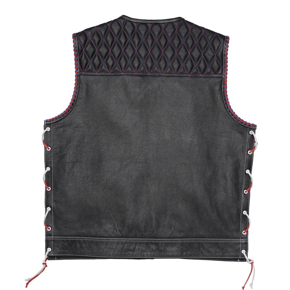 Black leather vest with quilted back panel