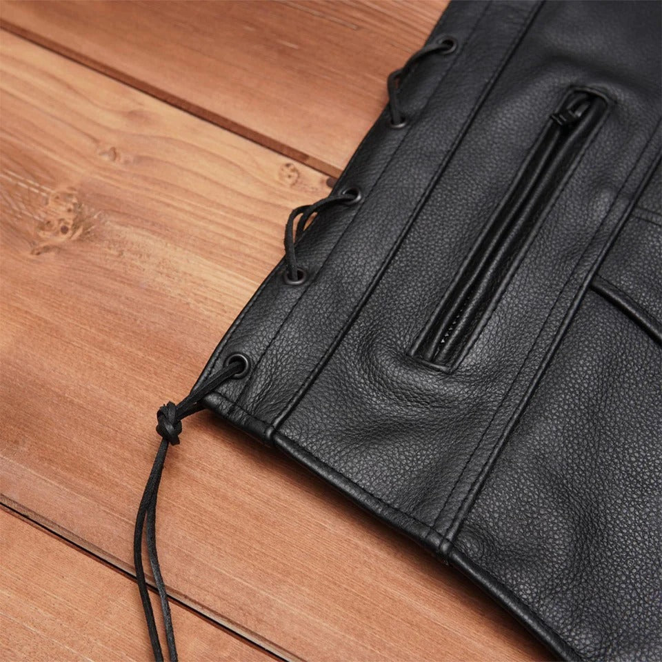 Black leather bag with drawstring