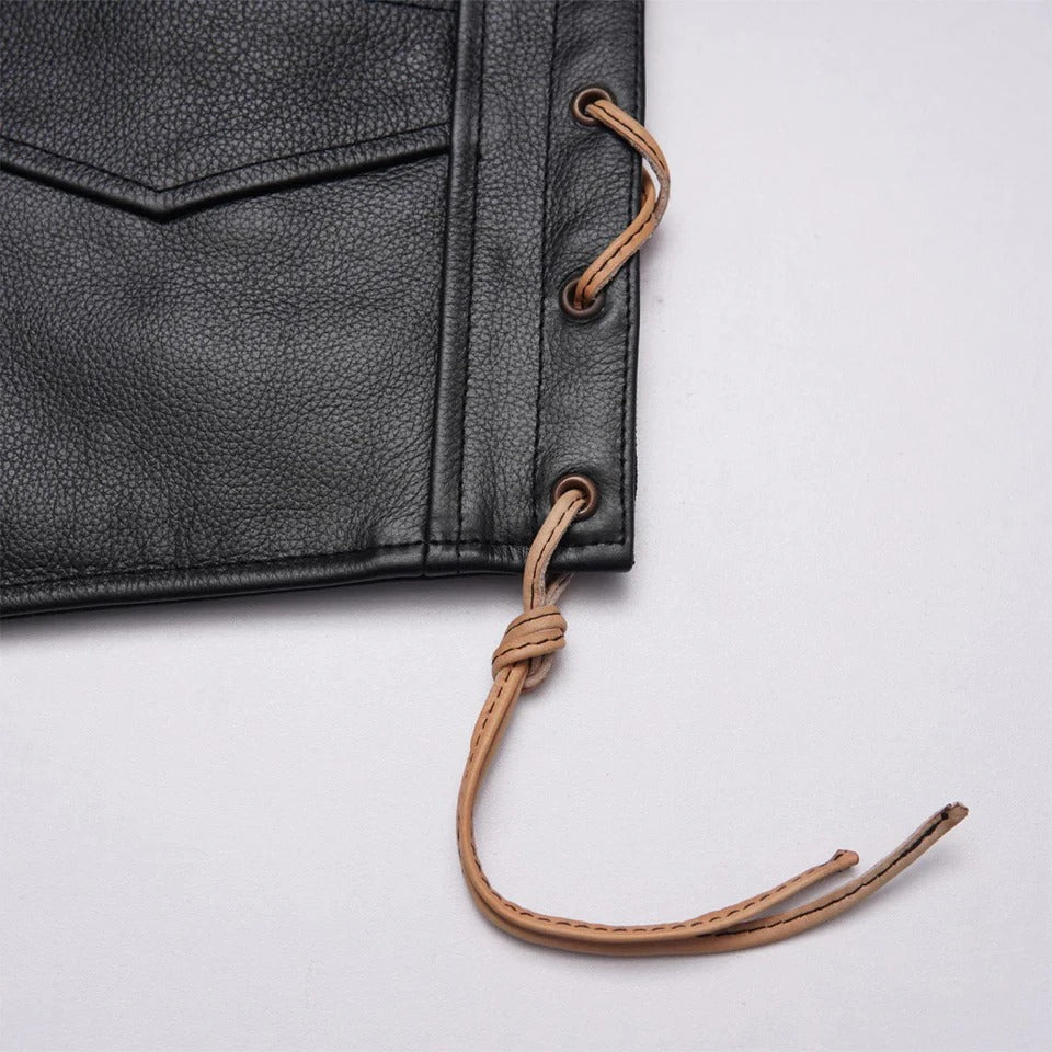 Close-up of a black leather pouch with a brown drawstring