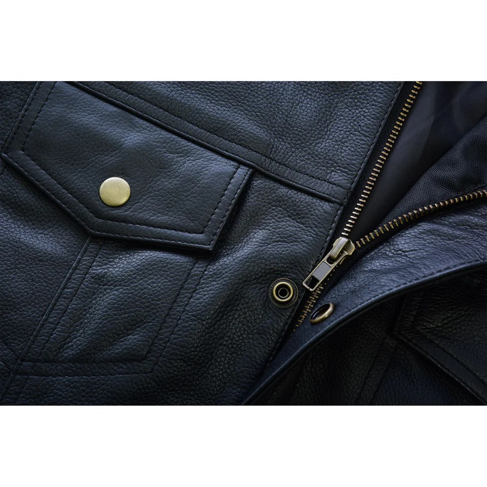 lose-up of a dark blue leather jacket 