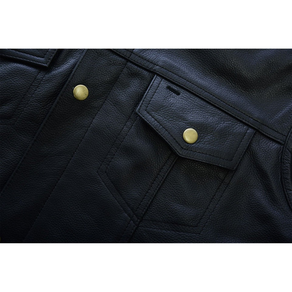 Close-up of a black leather jacket with gold buttons