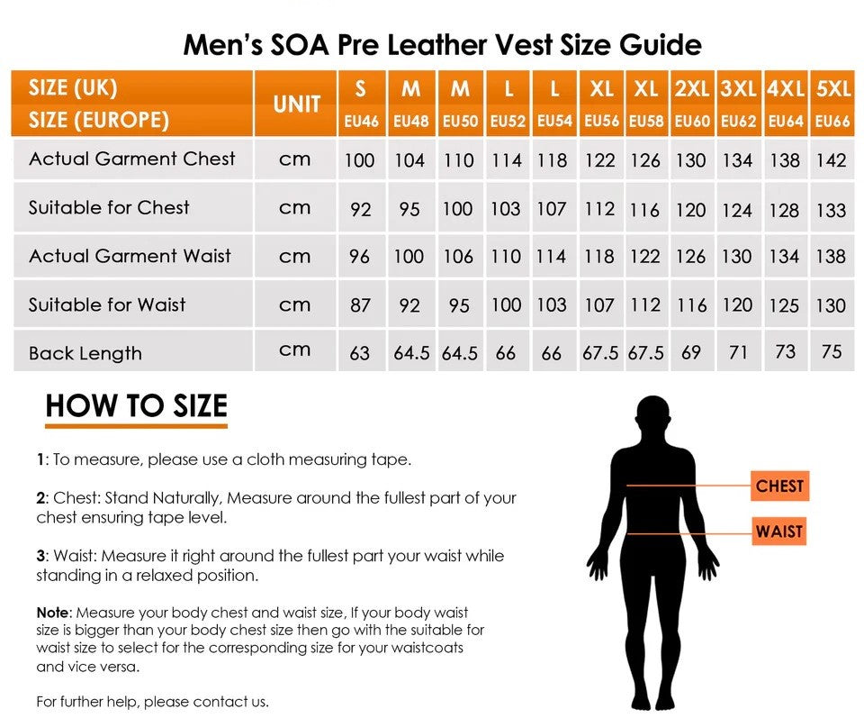 Men's SOA Pre Leather Vest Size Guide with measurements and silhouette illustration.
