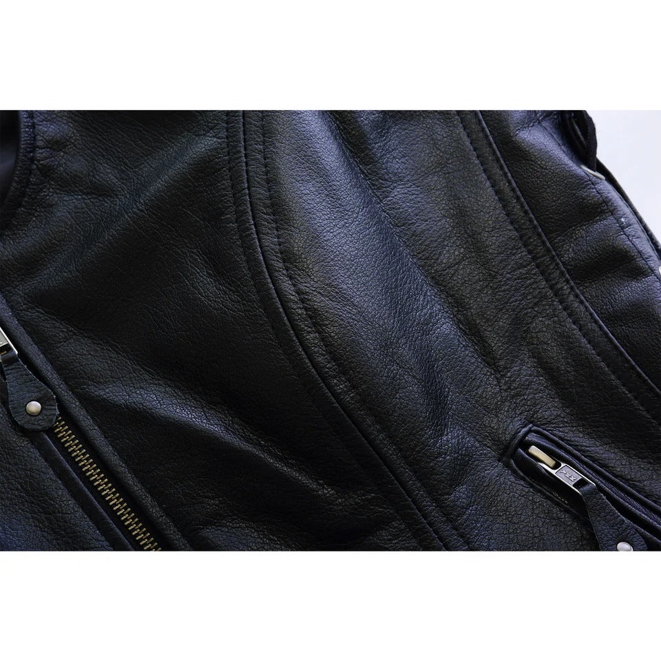 Close-up of a black leather Vest with zippers