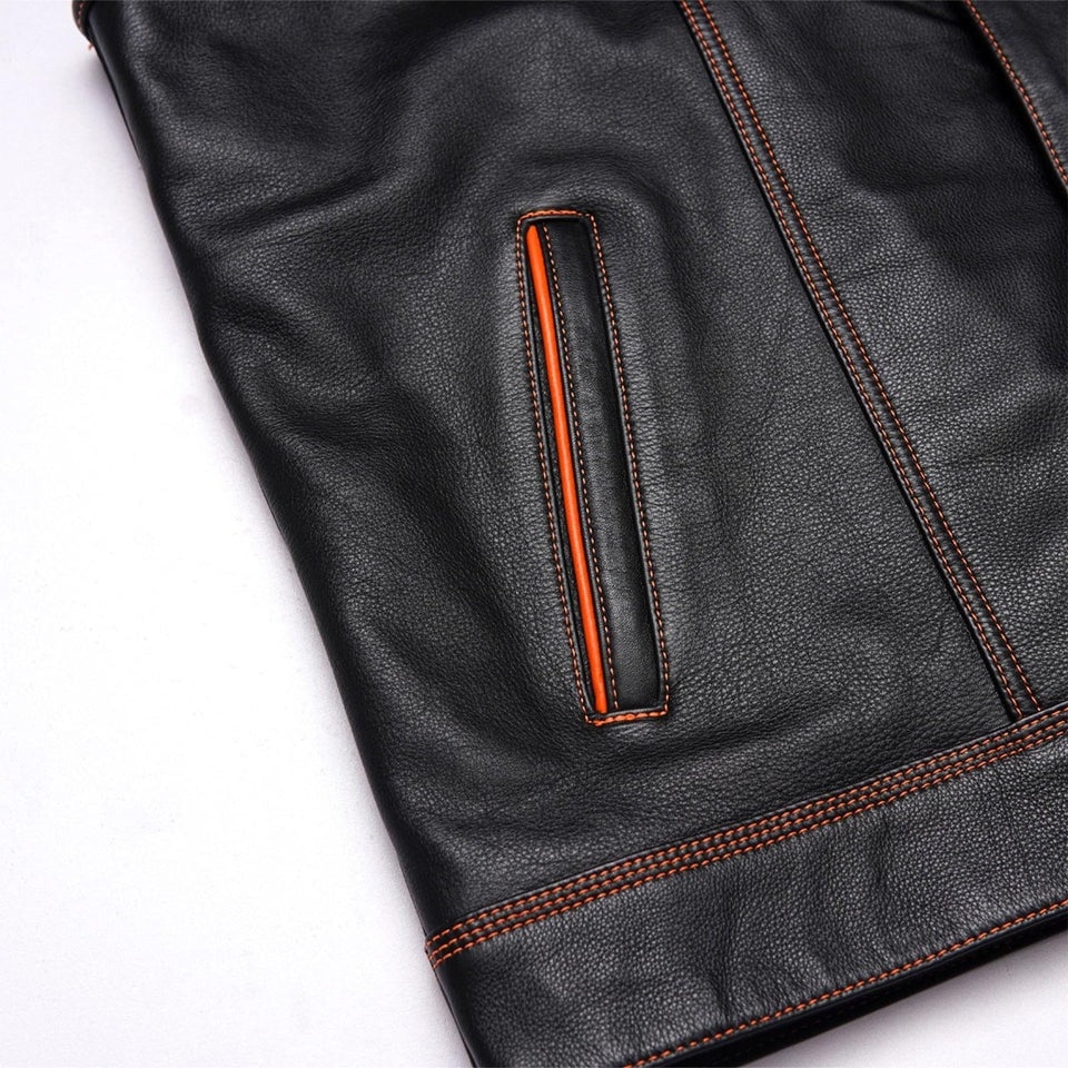 Slim fit biker leather vest side profile view