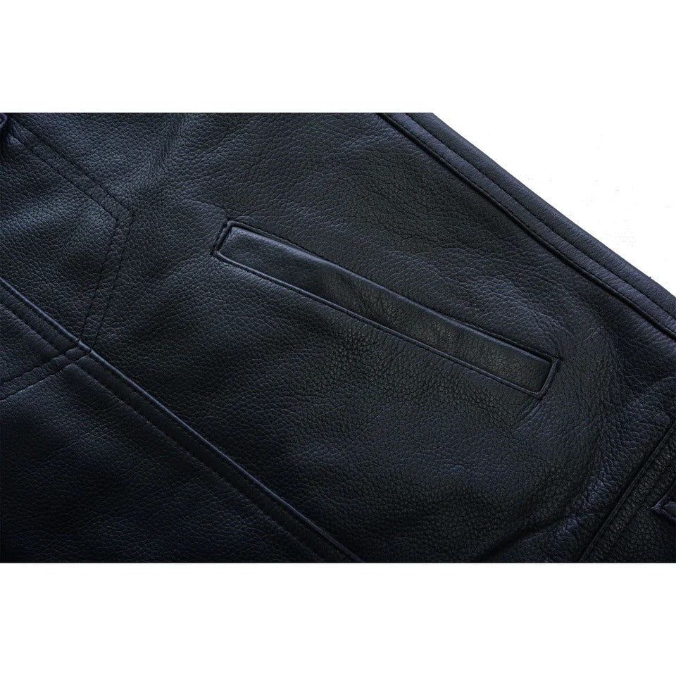 Close-up of a black leather jacket with a pocket