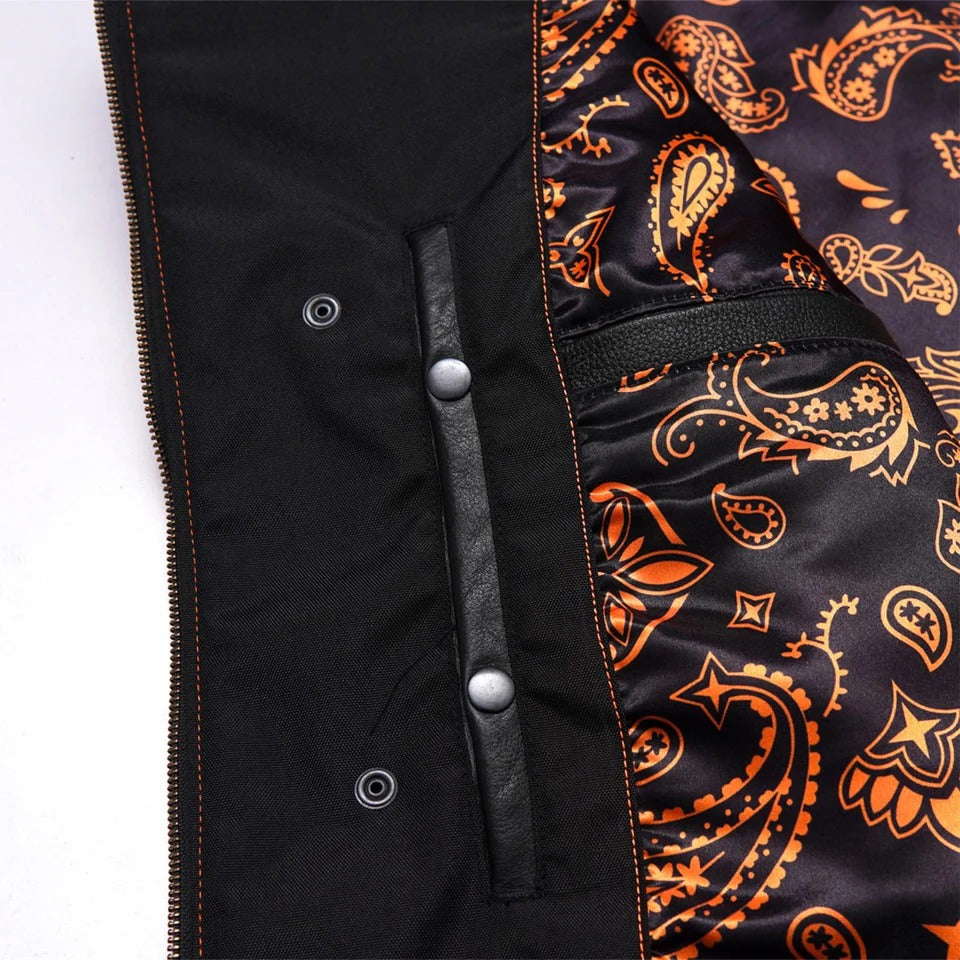 Motorcycle leather vest front pockets detail view