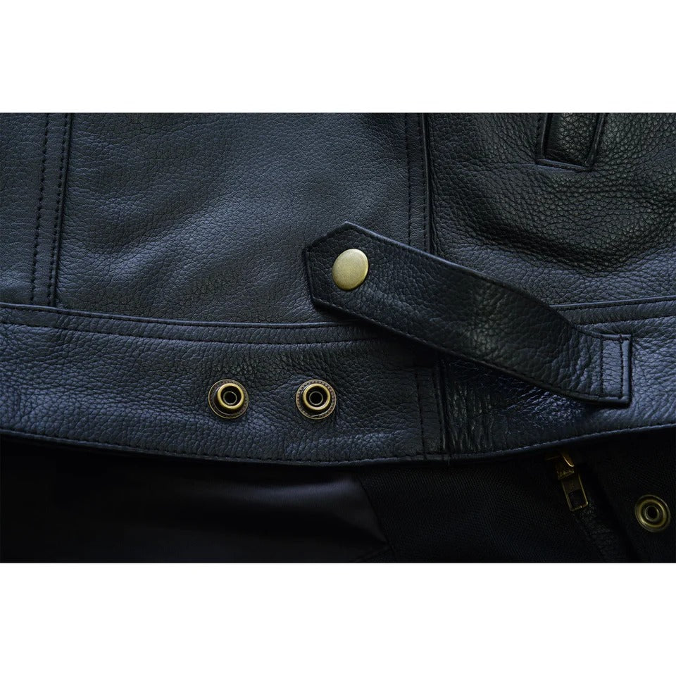 Close-up of a black leather jacket with gold buttons