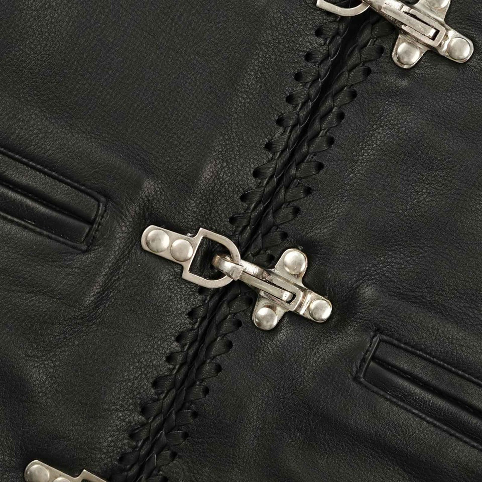 Close-up of a black leather jacket with silver metal buttons and stitching details.