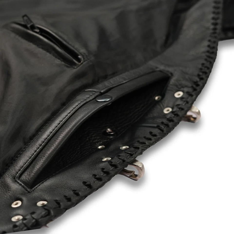 Close-up of a black leather jacket with studded details