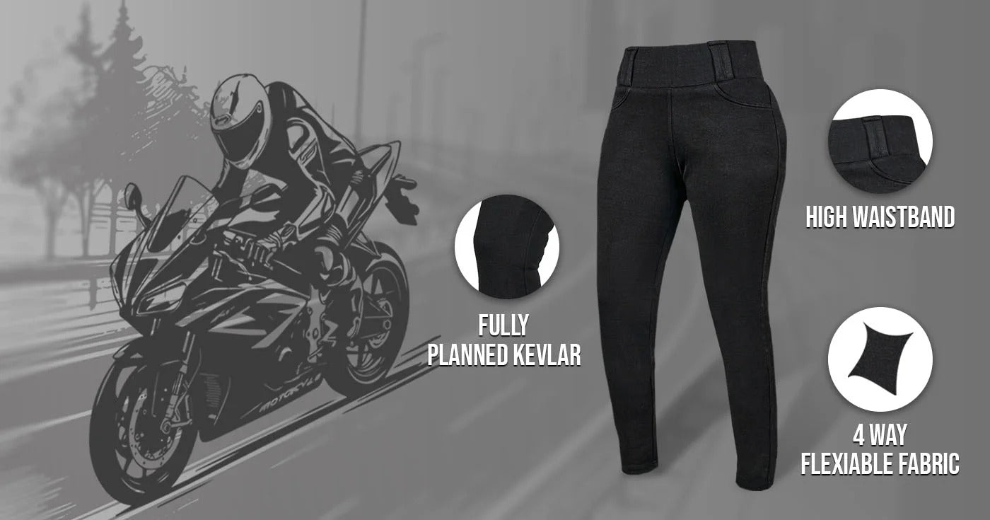 Black motorcycle pants with Kevlar features and a rider on a motorcycle illustration.