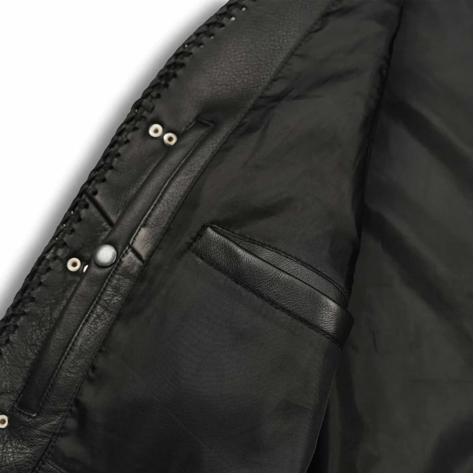 Close-up of a black leather jacket with stitching details