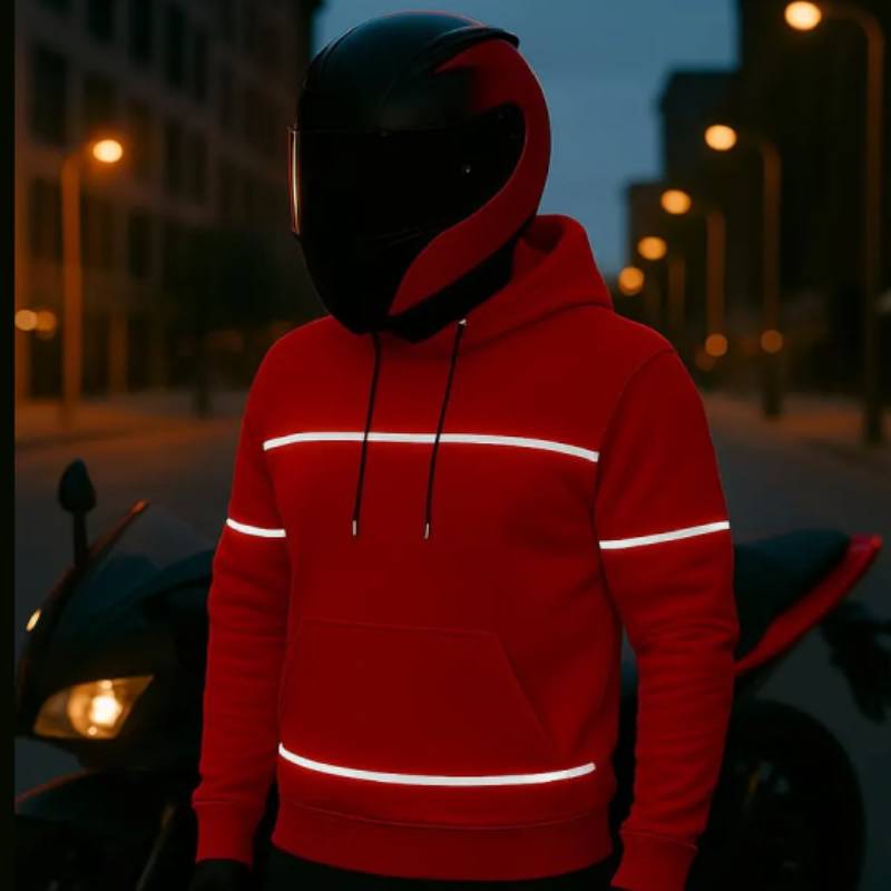 Person wearing a red hoodie with reflective stripes.