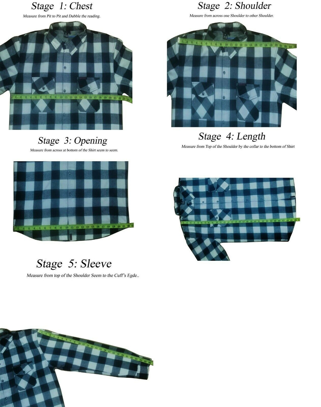 Measurement guide for a blue and white checkered shirt with labeled stages.