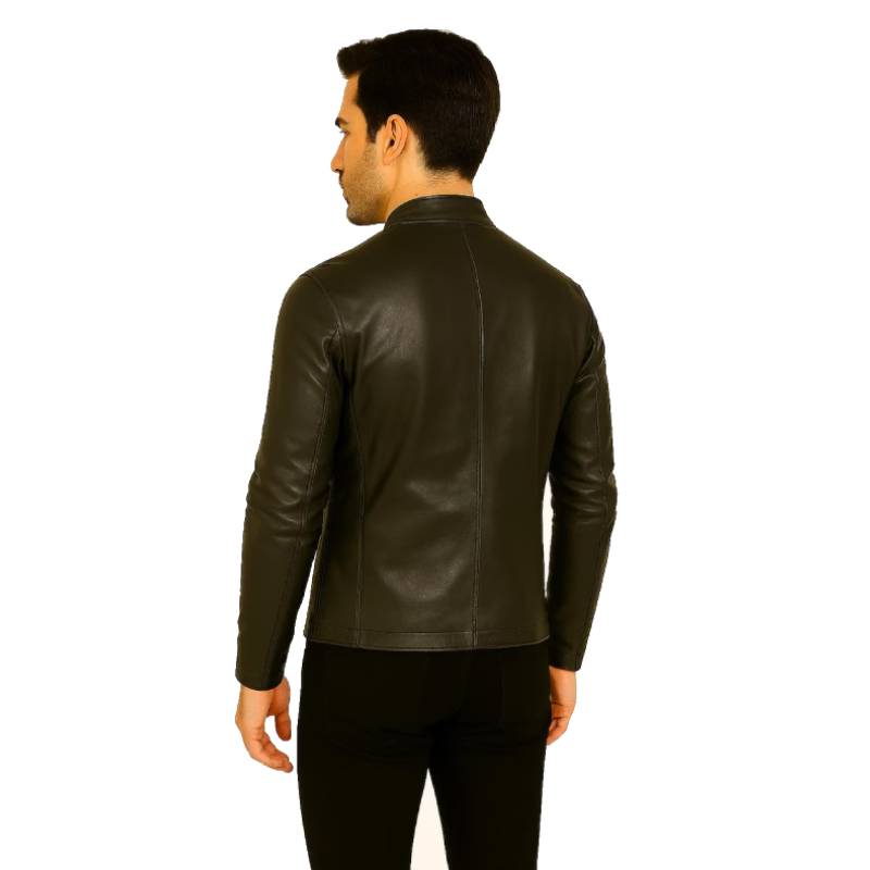 Man wearing a dark leather jacket on a white background