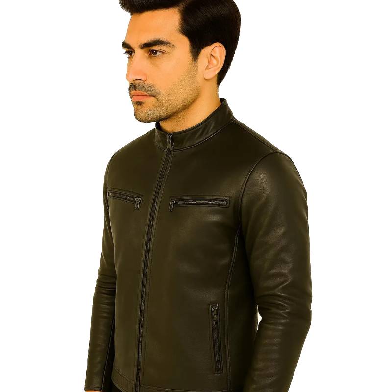 Man wearing a black leather jacket on a white background