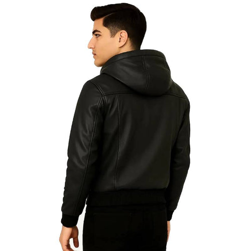 Man wearing a black leather jacket on a white background