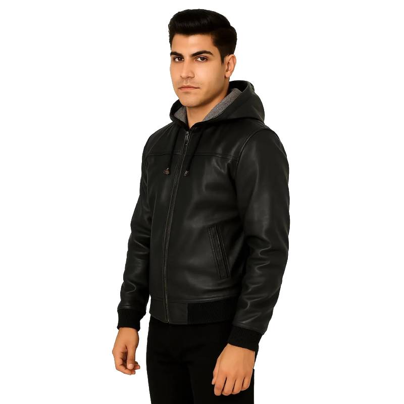 Man wearing a black leather jacket with a gray hood on a white background
