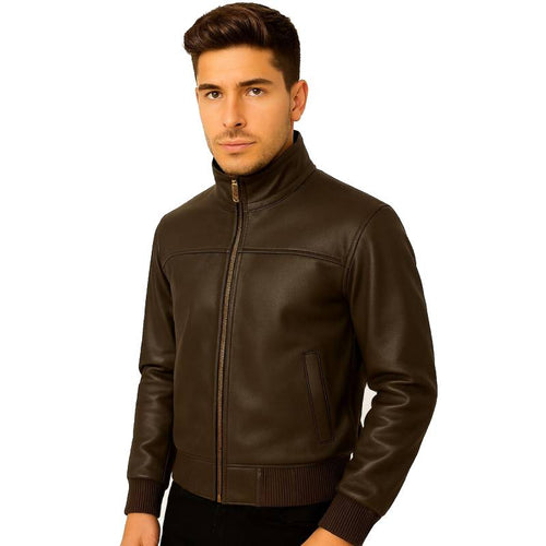 Handmade Brown Leather Bomber Jacket - Men's Sheepskin Aviator Coat with Quilted Lining
