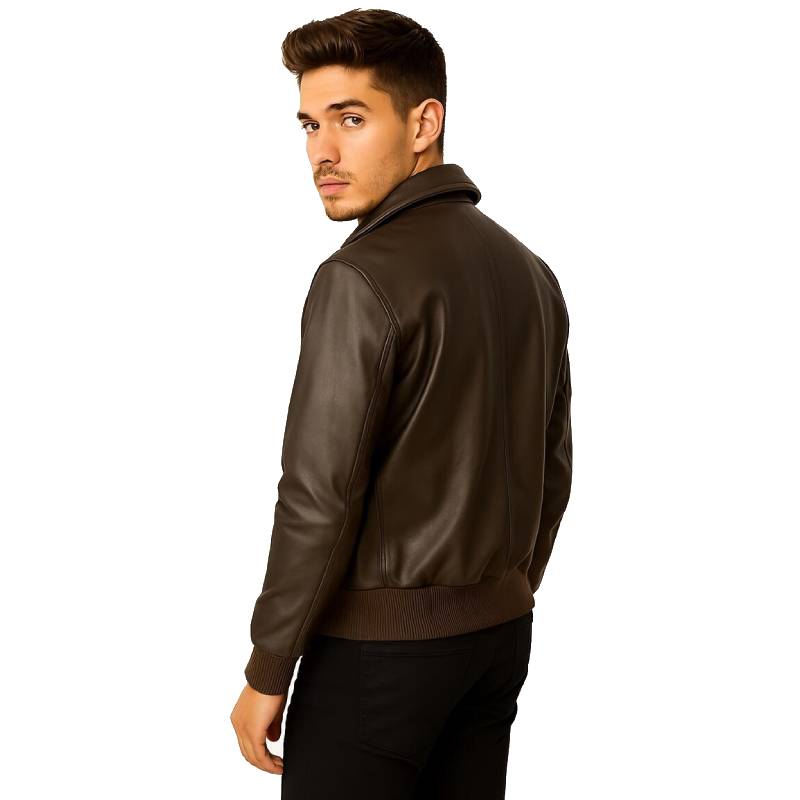 Handmade Brown Leather Bomber Jacket - Men's Sheepskin Aviator Coat with Quilted Lining