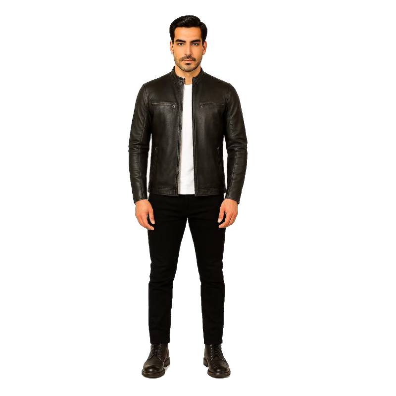 Man wearing a black leather jacket and black pants on a white background