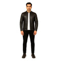 Man wearing a black leather jacket and black pants on a white background