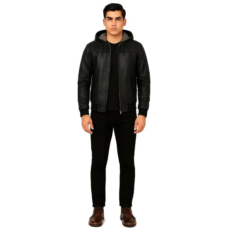 Man wearing a black leather jacket on a white background