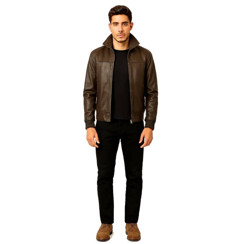 Handmade Brown Leather Bomber Jacket - Men's Sheepskin Aviator Coat with Quilted Lining